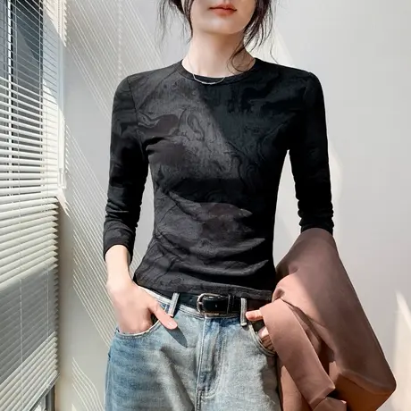韩版扎染圆领长袖T恤女秋季新款修身显瘦黑色正肩小众打底衫上衣商品大图