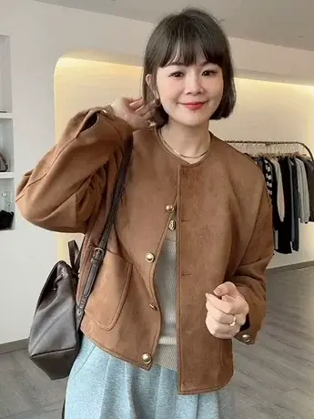 韩国小香风麂皮绒外套女2023秋季新款宽松条纹洋气高级感复古上衣商品大图