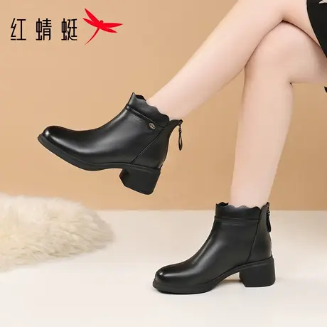 红蜻蜓冬季女鞋女士高跟靴子女短靴秋冬真皮加绒妈妈皮靴高帮棉鞋图片