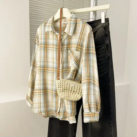 唐狮新款女长袖衬衫衬衣外套格子黄色百搭休闲衬衫女上衣blTM图片