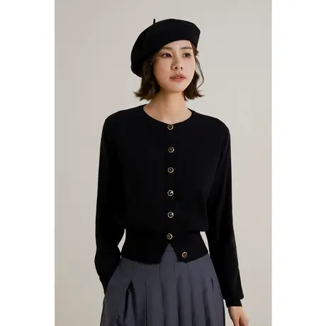 弥古黑色针织衫毛衣开衫女外套秋冬灰色长袖圆领打底上衣修身内搭图片