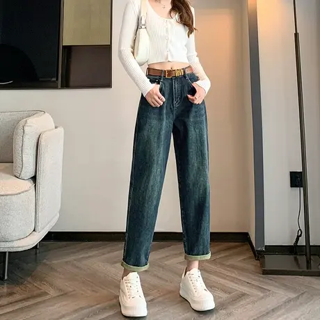 显瘦哈伦牛仔裤女秋季2023年新款高腰宽松遮肉直筒萝卜老爹裤子潮商品大图