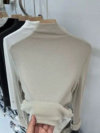 秋冬新款薄绒半高领打底衫女2023年修身纯色羊绒褶皱针织T恤上衣商品大图