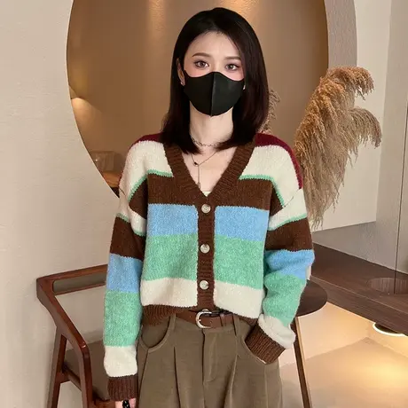条纹撞色毛衣女秋冬季2023百搭显瘦拼色休闲v领长袖针织开衫上衣图片