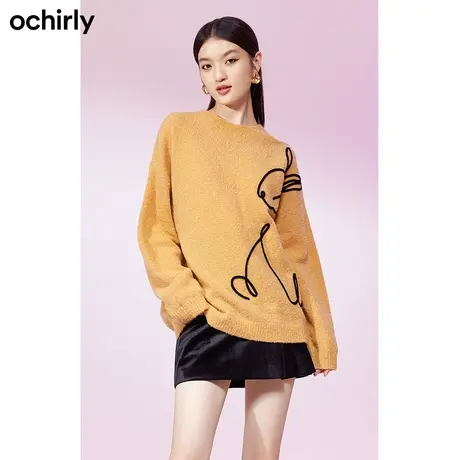 【品牌甄选】欧时力 中长款羊毛休闲毛衣新款秋宽松兔子绣花软糯图片