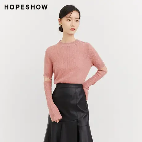 红袖outlets金属镂空套头针织衫hopeshow2023秋小众设计感打底衫商品大图