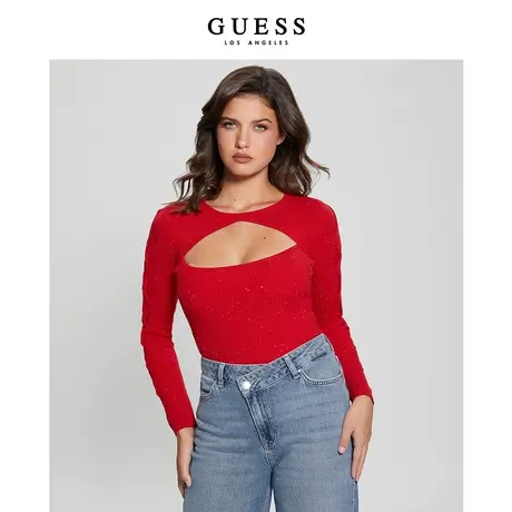 GUESS23年新款秋女士纯色性感镂空修身长袖针织衫-W4RR34Z34O0商品大图