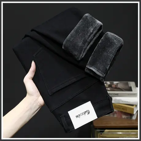 新塘弹力直筒黑色休闲牛仔长裤子冬季男装加绒加厚防风西裤秋冬款商品大图