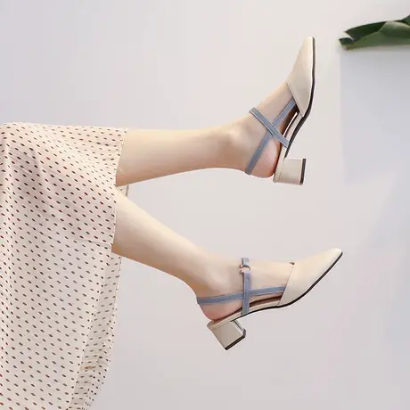 凉鞋女2023年新款洋气真皮包头夏季小清新尖头仙女风粗跟配裙子商品大图