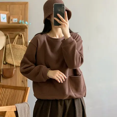 dza 复古纯色全棉口袋加绒卫衣外套女2023秋冬洋气宽松长袖上衣女商品大图