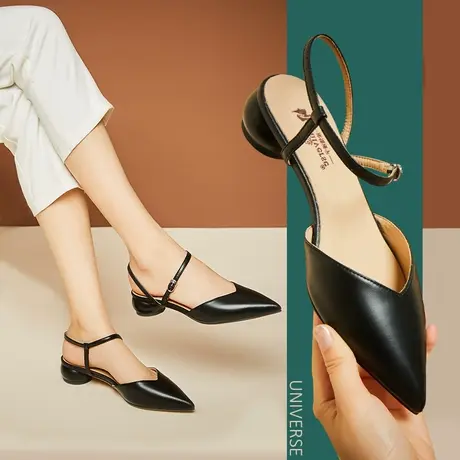 清仓尖头半包头凉鞋女低跟百搭夏妈妈款全牛皮凉鞋女真皮粗跟商品大图