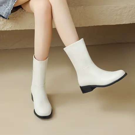 靴子女2023新款中筒靴秋冬季中跟短靴圆头直筒靴时尚粗跟套筒女靴图片