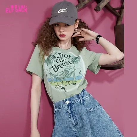 妖精的口袋印花短袖正肩t恤女2023夏季新款复古休闲修身显瘦上衣商品大图