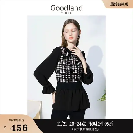 Goodland美地女装冬季撞色羊毛混纺千鸟格假两件针织衫公主袖上衣商品大图
