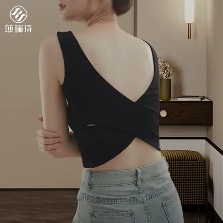 美背吊带背心女夏季薄款内搭外穿交叉带胸垫文胸一体打底露背上衣商品大图