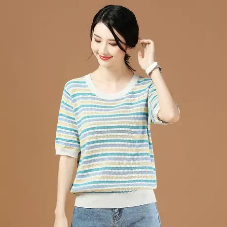 夏季条纹t恤女装2024新款潮薄五分袖空调针织衫丅恤韩版宽松上衣商品大图