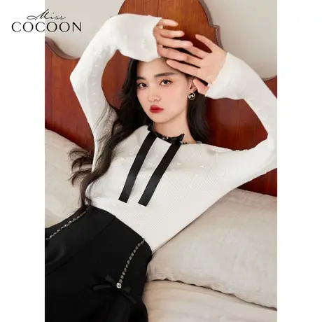 MISSCOCOON法式蝴蝶结针织衫女2023新款春季气质显瘦打底针织上衣图片