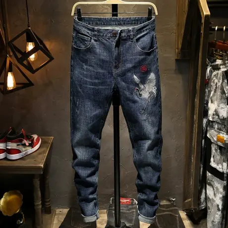 夏季款牛仔男装刺绣修身破洞牛仔裤百搭小脚裤休闲裤韩版潮流水洗商品大图