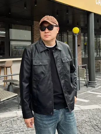 DAEVU春秋帅气潮胖子大号加肥加大码男士短款翻领PU夹克皮衣外套商品大图