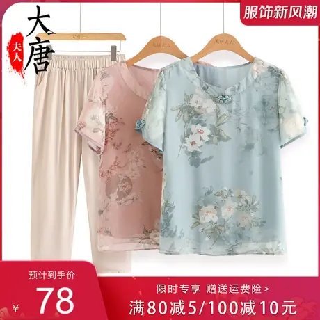 中老年人妈妈夏装雪纺T恤女奶奶套装短袖洋气老人夏季两件套衣服图片