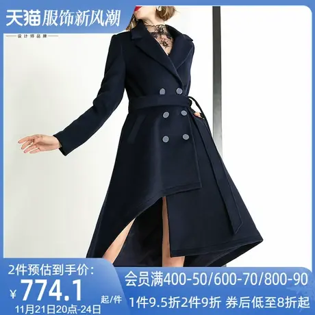 aui欧洲站藏青色毛呢外套女冬2022新款时尚不规则中长款呢子大衣图片