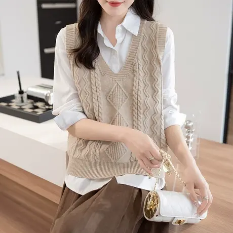针织马甲背心女内搭V领麻花打底针织马夹上衣潮商品大图