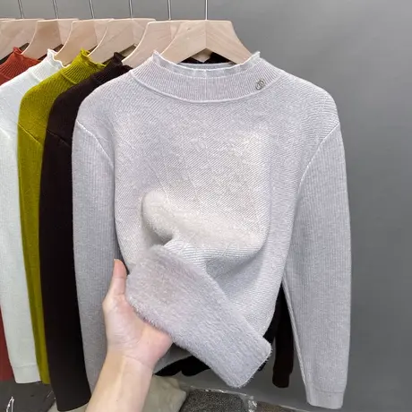 一体绒半高领毛衣女加绒加厚打底衫2023秋冬新款针织衫内搭上衣潮商品大图
