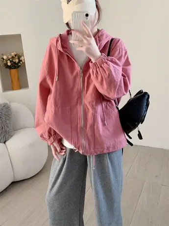 秋装长袖冲锋衣外套女2023年新款韩系小个子宽松显瘦时尚连帽上衣商品大图