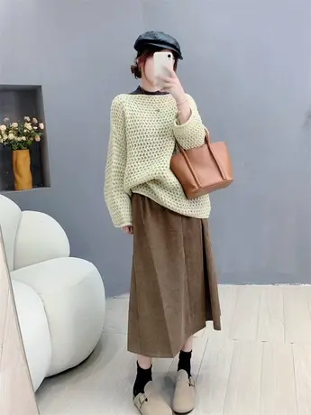 早秋新款一字领镂空软糯毛衣女韩版宽松慵懒风休闲显瘦针织衫上衣图片