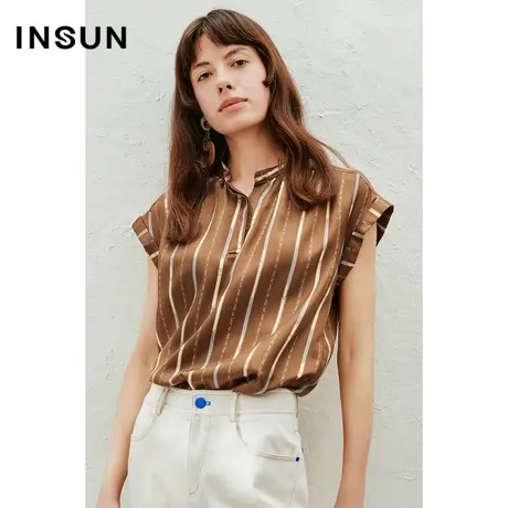 INSUN恩裳奥莱2023夏季竖条纹印花立领桑蚕丝衬衫图片