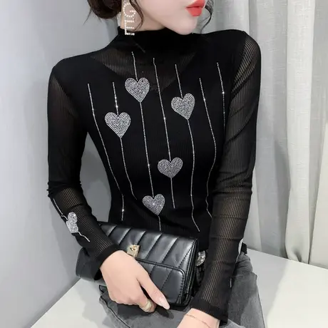 半高领打底衫女春秋2023新款时尚网纱烫钻长袖T恤修身内搭上衣潮商品大图
