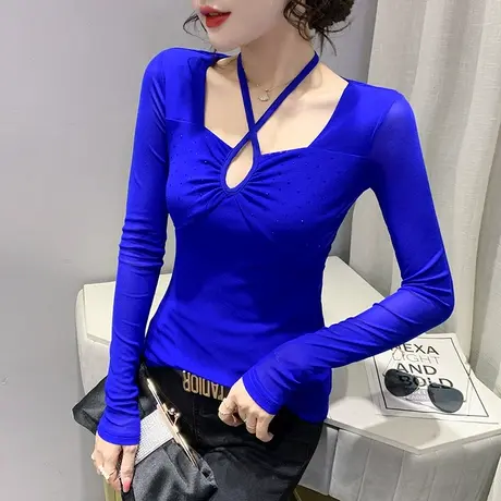 性感镂空V领T恤女长袖2024春秋新款欧货网纱打底衫紧身洋气上衣潮图片