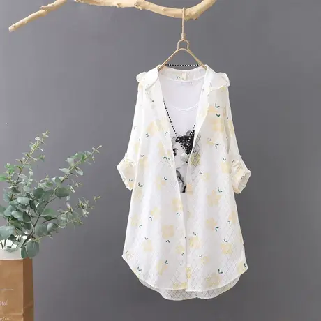 韩范很仙的连帽印花衬衫女宽松长袖夏季防晒衣沙滩防晒服薄衬衣潮图片