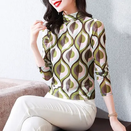 2024气质新款性感网纱长袖T恤女士半高领打底衫内搭气质显瘦上衣商品大图