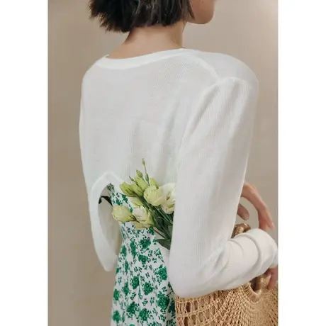 弥古白色针织衫开衫女春秋外穿短款法式小坎肩披肩吊带裙外搭罩衫商品大图