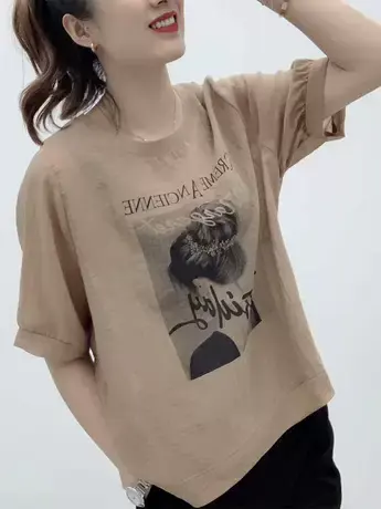 女士短袖潮流夏季新款上衣百搭圆领美女图印花宽松遮肉减龄T恤潮商品大图