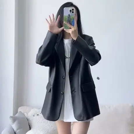 柔软PU皮衣外套女气质高级感2023新款春秋美式复古宽松休闲西装潮图片