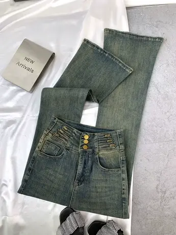复古磨白排扣牛仔喇叭裤女2023秋冬新款显瘦百搭高腰裤弹力马蹄裤商品大图