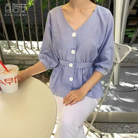 百洛安V领蝙蝠袖单排扣衬衫女夏季新款韩版条纹收腰显瘦衬衣上衣商品大图