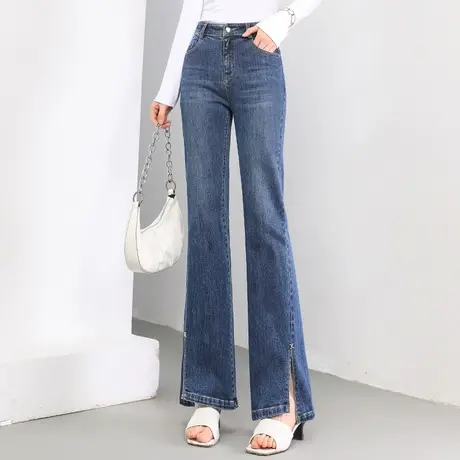 高腰微喇牛仔裤女2023新款春夏薄款女裤春季裤子直筒裤开叉喇叭裤商品大图
