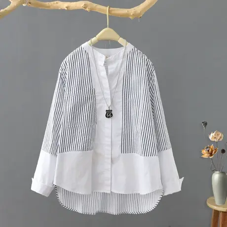 2024春季新款条纹拼接设计感小众立领长袖衬衫女百搭打底衬衣上衣商品大图