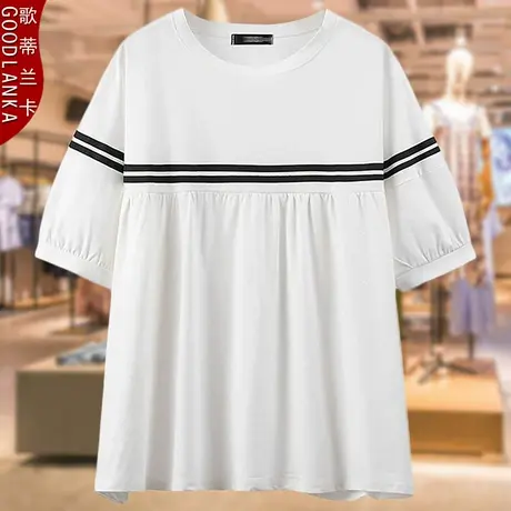 加大码中年胖妈妈夏装短袖上衣宽松遮肚显瘦减龄妈妈装拼接T恤女商品大图