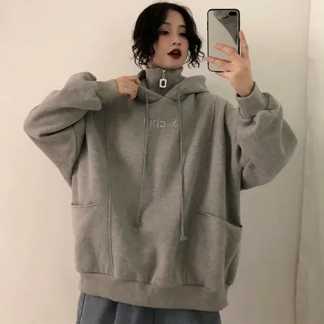 连帽卫衣女2023新款秋冬季设计感小众宽松韩版慵懒风加绒加厚外套商品大图