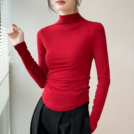 U型下摆半高领长袖T恤女2023秋冬新品修身减龄西装内搭纯色打底衫图片