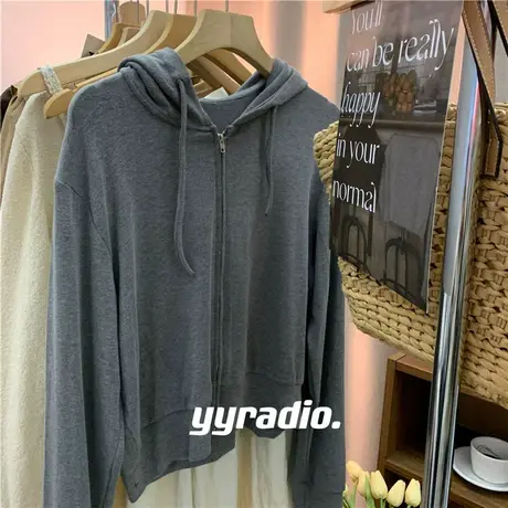 韩国秋装新款灰色连帽显瘦拉链卫衣女春秋薄款宽松外套百搭上衣服图片