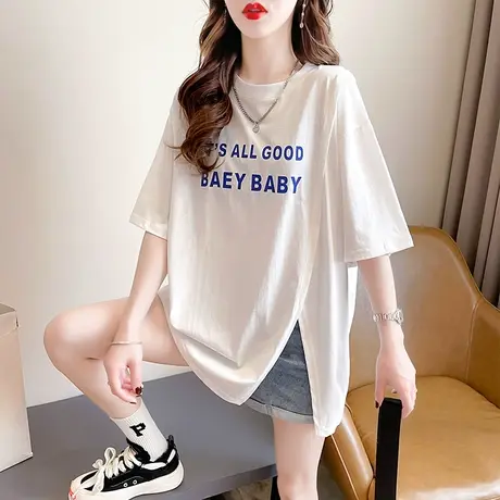 小个子短袖t恤女夏装韩版宽松大码中长款ins不规则侧开叉上衣服潮商品大图