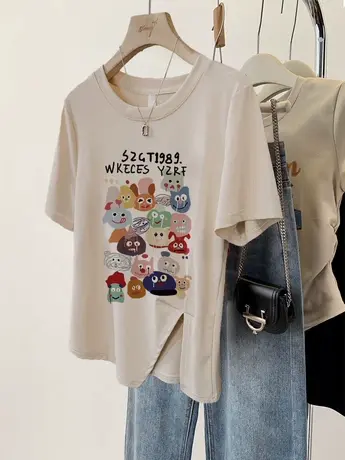 不规则T恤短袖女港味chic大码开叉下摆潮ins复古休闲风设计感上衣商品大图