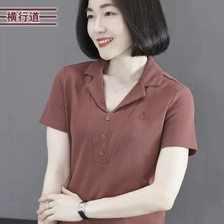 2025夏季简约纯色纽扣翻领绣花珠地宽松短袖T恤新款女装大码上衣图片