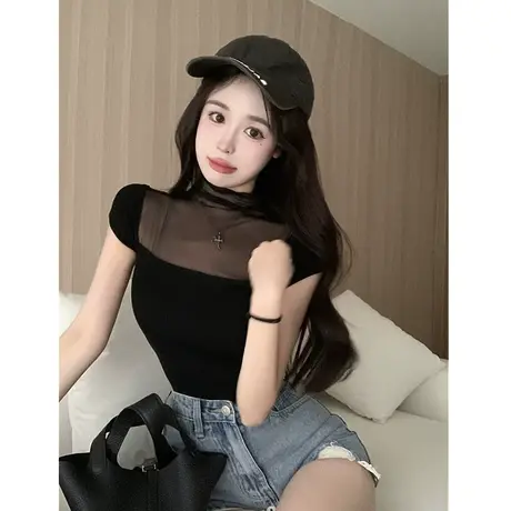 网纱微透蕾丝拼接T恤夏季设计感小众别致辣妹修身时尚短袖上衣女商品大图