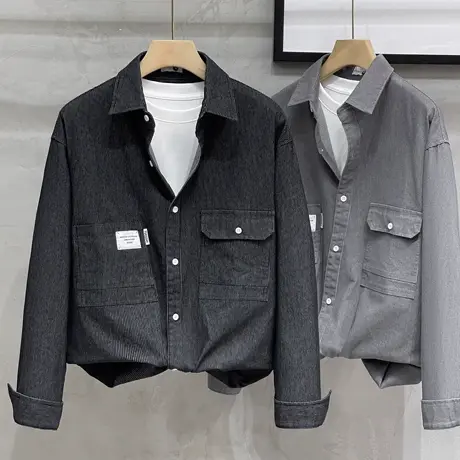 休闲衬衫男长袖纯棉高级感男装上衣宽松潮牌美式男士衬衣春秋新款商品大图